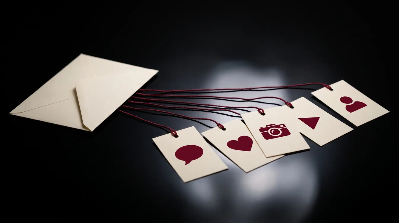 A paper envelope on a dark background, connected by red threads to several small social profile cards.