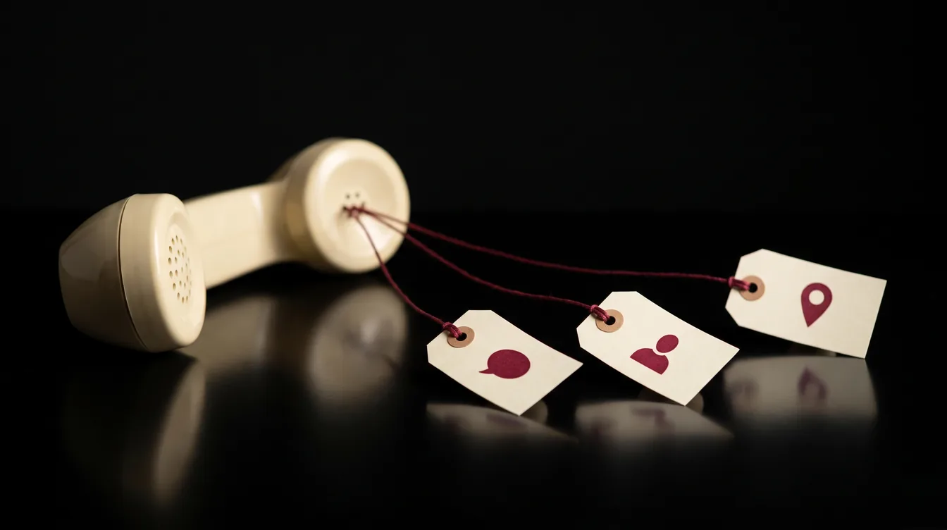 An old telephone handset on a dark background, with red threads leading to three small cards: a messaging app bubble, a profile silhouette and a map pin.