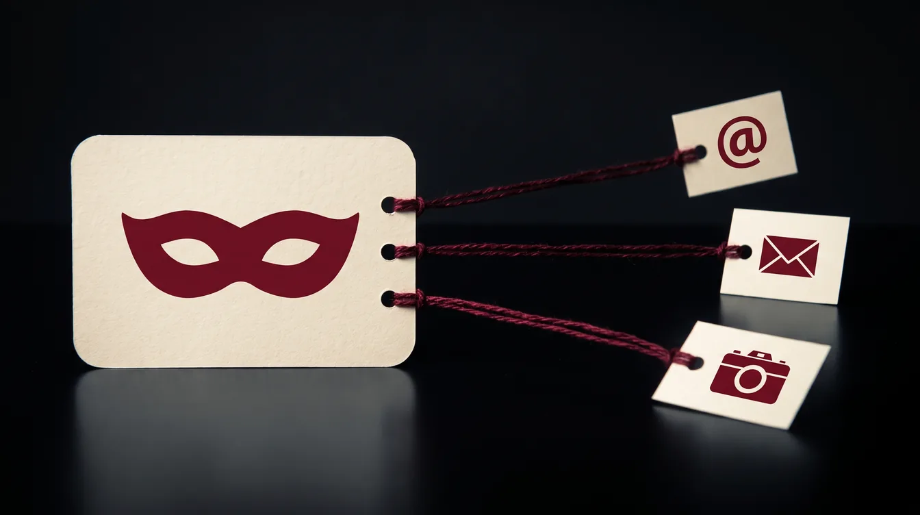 A blank profile card with a mask over its face on a dark background, with red threads leading from it to a username, an email address and a photo.