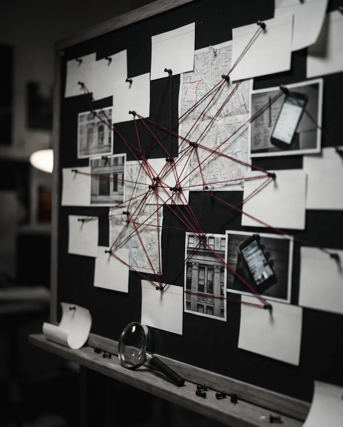 An investigation wall at night with pinned cards, a street map and photos linked by dark red thread.