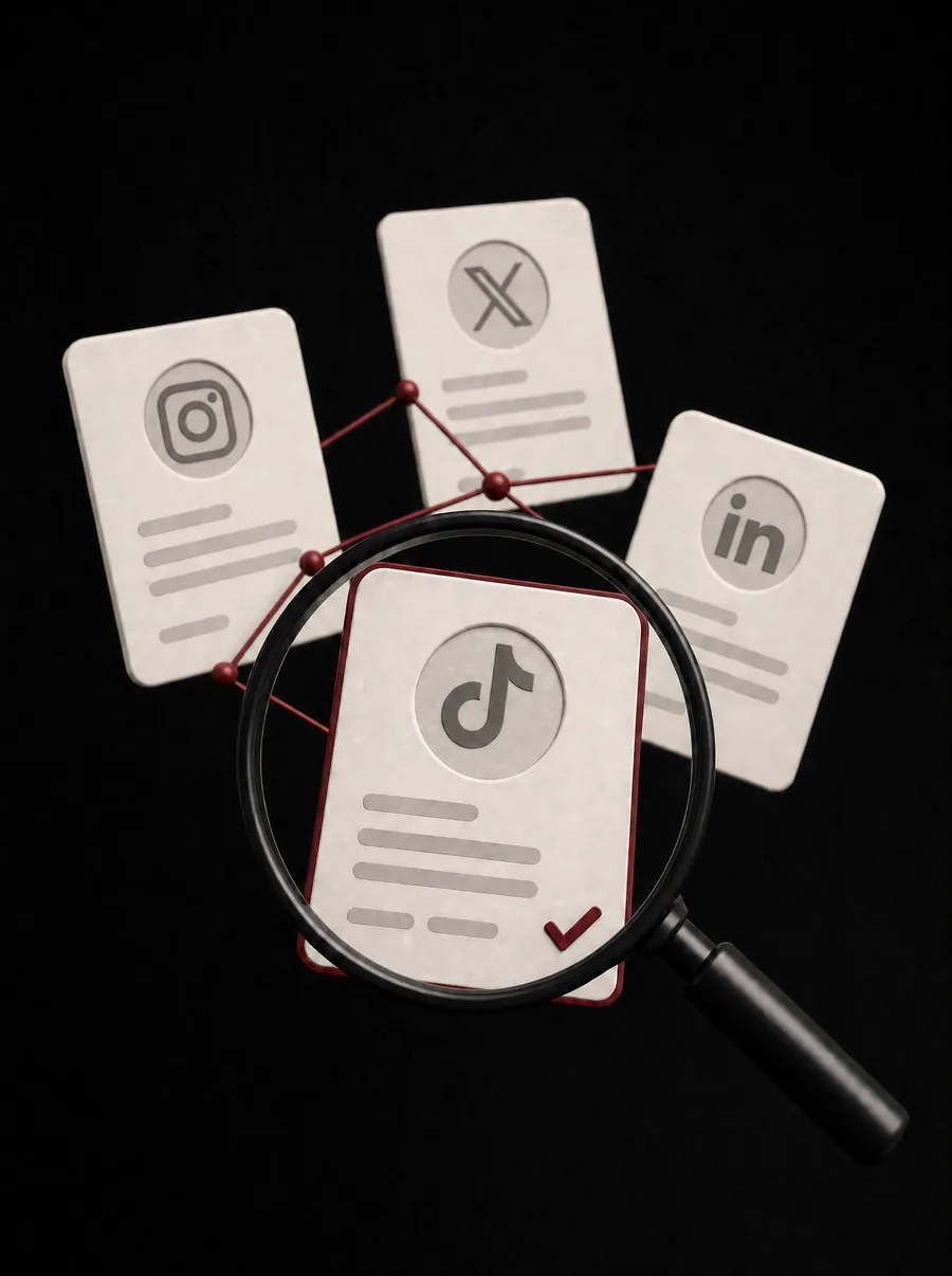 Profile cards from Instagram, X, LinkedIn and TikTok linked by dark red lines, one of them verified under a magnifying glass.
