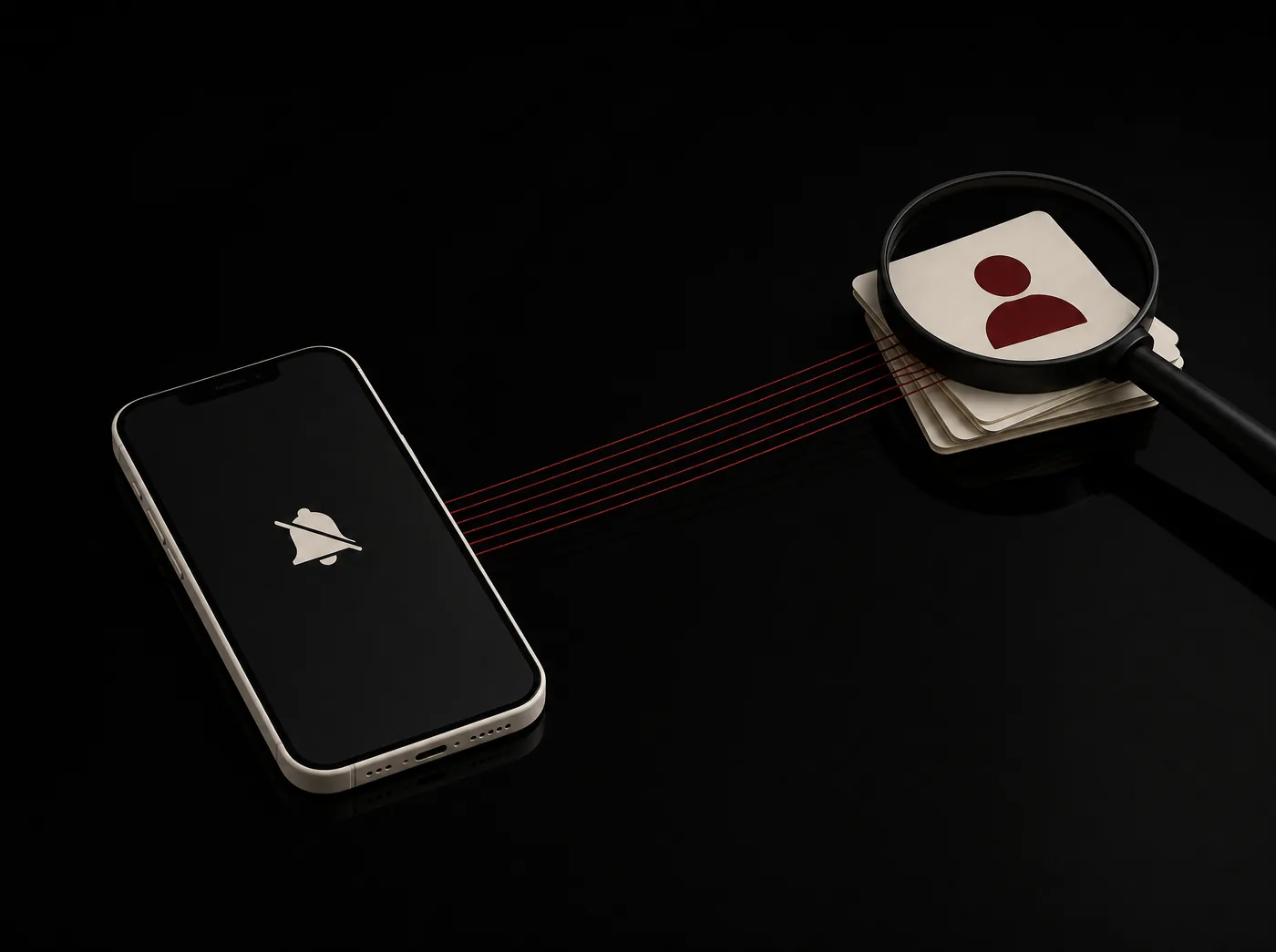 A phone lying silent with notifications off, while dark red threads lead from it to a profile card under a magnifying glass.
