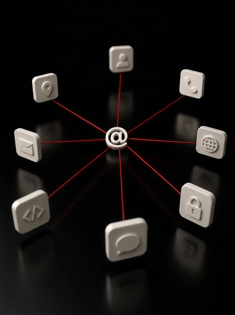 A white @ symbol with dark red threads pulled tight to tiles for a profile, phone, website, email, location, chat, code and a lock.