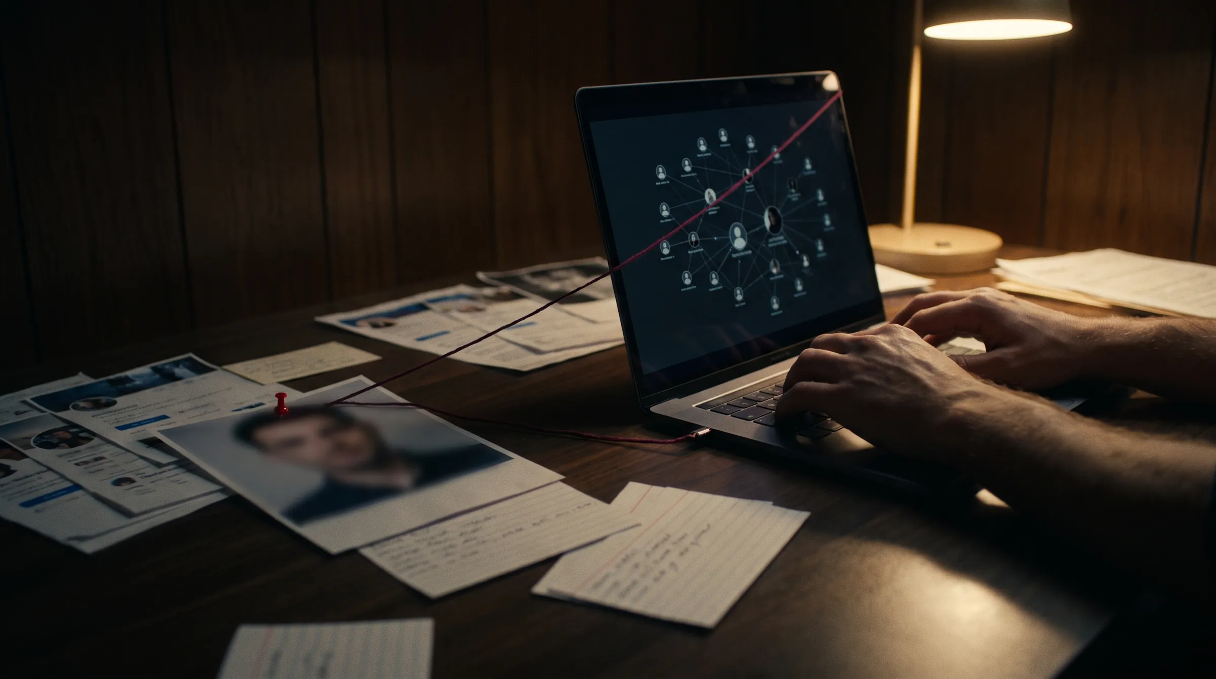 An investigator at a dark desk at night, a printed profile pinned with a red pin and tied by a dark red thread to the link graph on the laptop screen.
